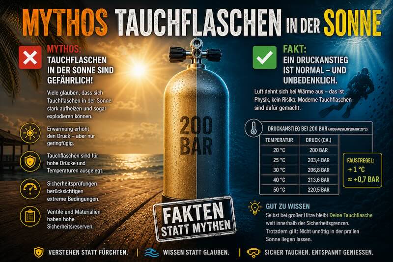 Infografik über den Druckanstieg einer Tauchflasche in der Sonne mit Erklärung des Zusammenhangs zwischen Temperatur und Flaschendruck.