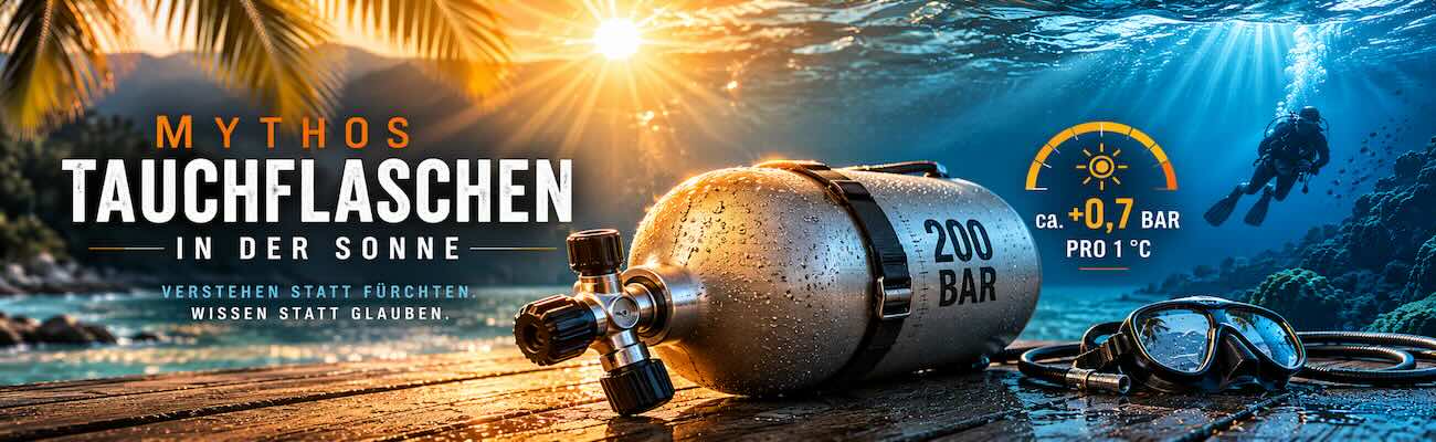 Headerbild mit einer Tauchflasche in der Sonne und einer Darstellung des Druckanstiegs durch Temperatur.